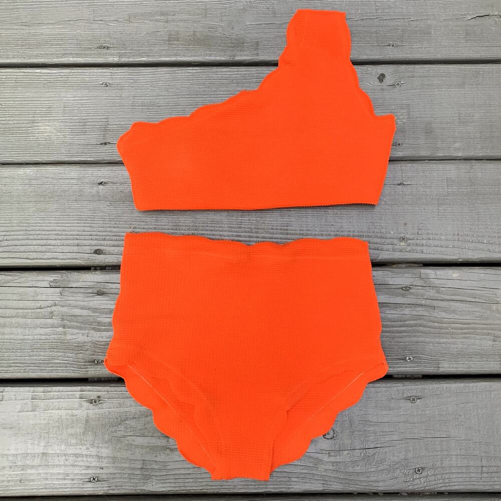 Zaful High Waisted Scalloped One Shoulder Bikini Set - Bright Orange Size 2 - Picture 2 of 11